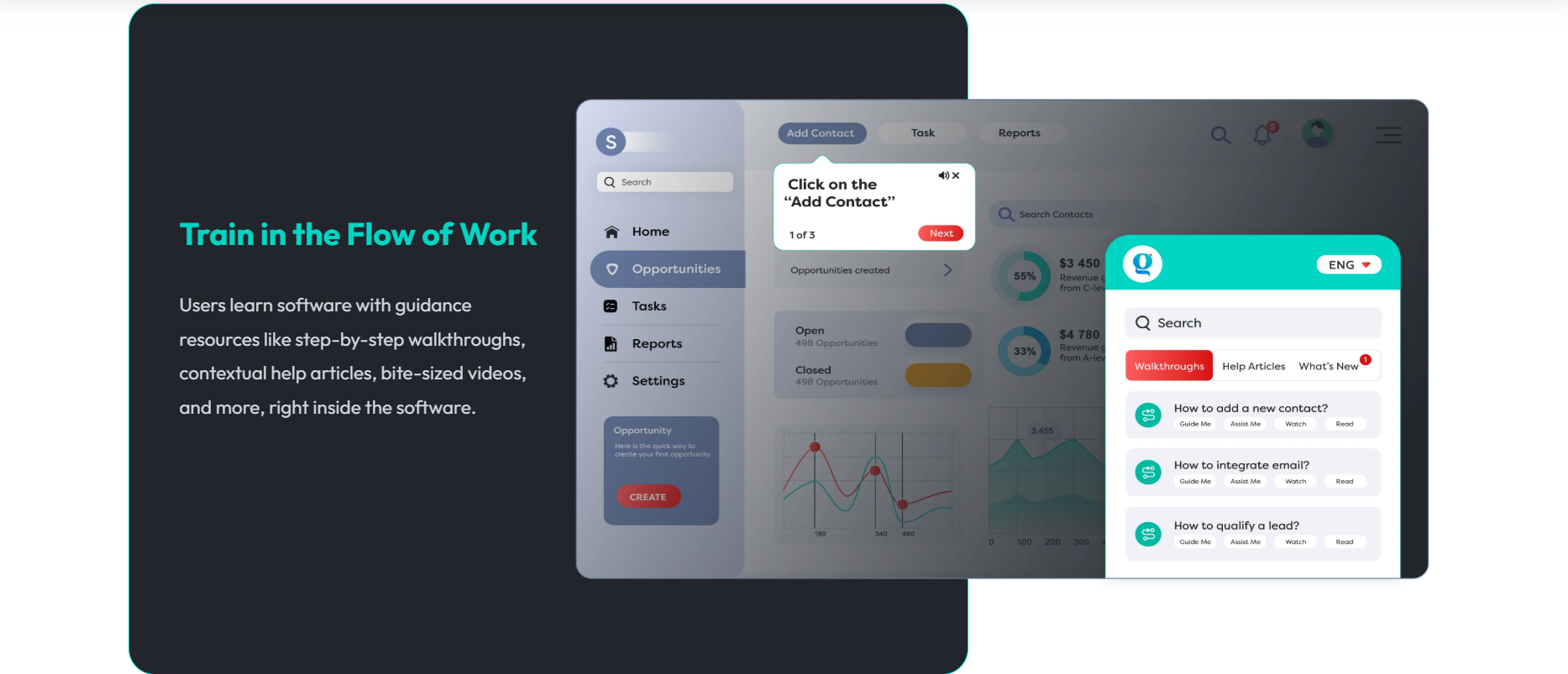 Dark-background panel titled “Train in the Flow of Work” with text describing step-by-step walkthroughs, contextual help articles, and bite-sized videos inside software. To the right, a CRM dashboard UI shows navigation links (Home, Opportunities, Tasks, Reports, Settings), revenue charts, and an in-app guidance bubble reading “Click on the ‘Add Contact’ (1 of 3)” over an “Add Contact” button. A helper sidebar lists walkthrough topics—“How to add a new contact?”, “How to integrate email?”, “How to qualify a lead?”—each with “Guide Me,” “Assist Me,” “Watch,” and “Read” buttons.