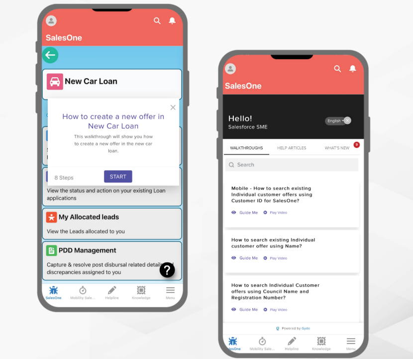Gyde walkthroughs and contextual help accessible on Salesforce mobile for Bajaj Finance agents