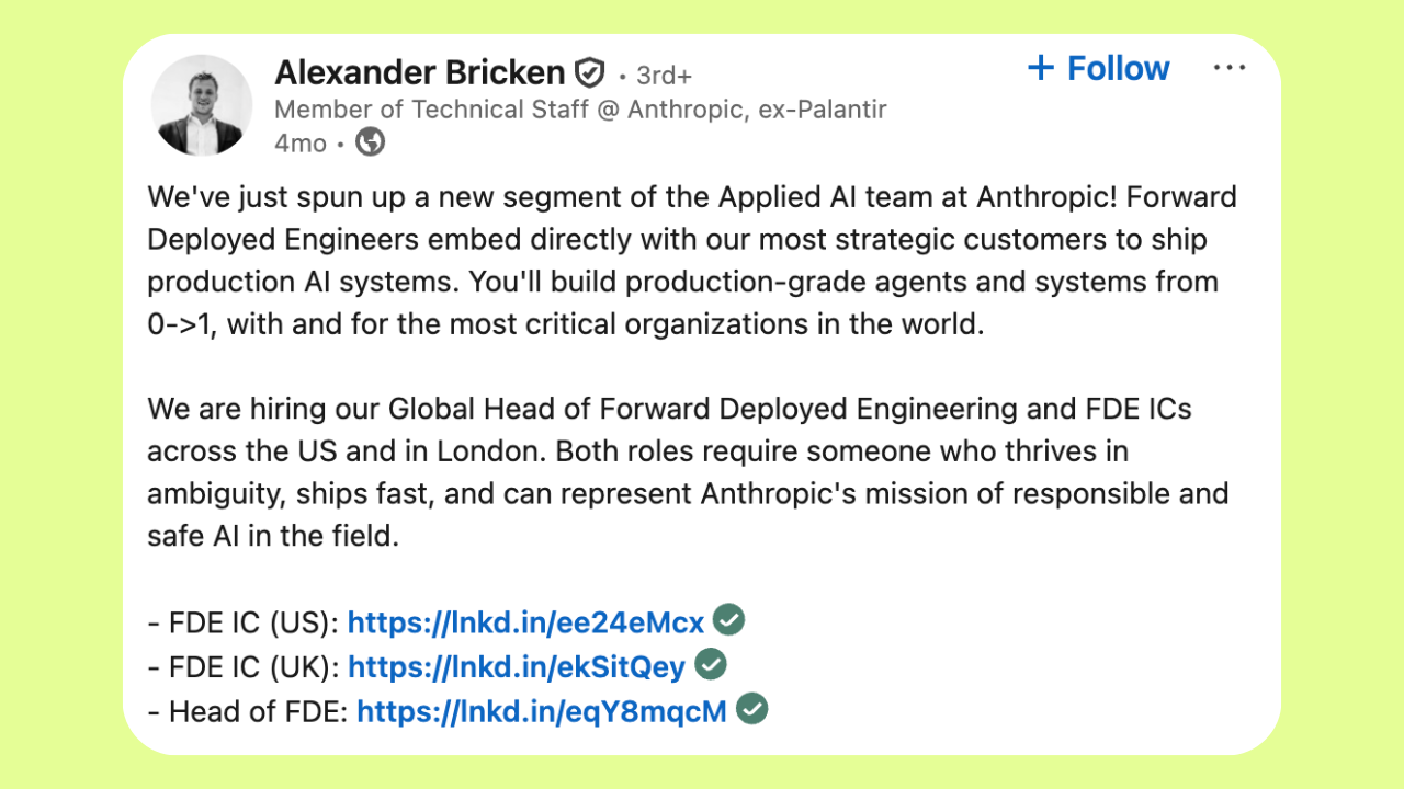 LinkedIn post from Alexander Bricken at Anthropic announcing a new Applied AI team and hiring Forward Deployed Engineers to embed with strategic customers and ship production AI systems.