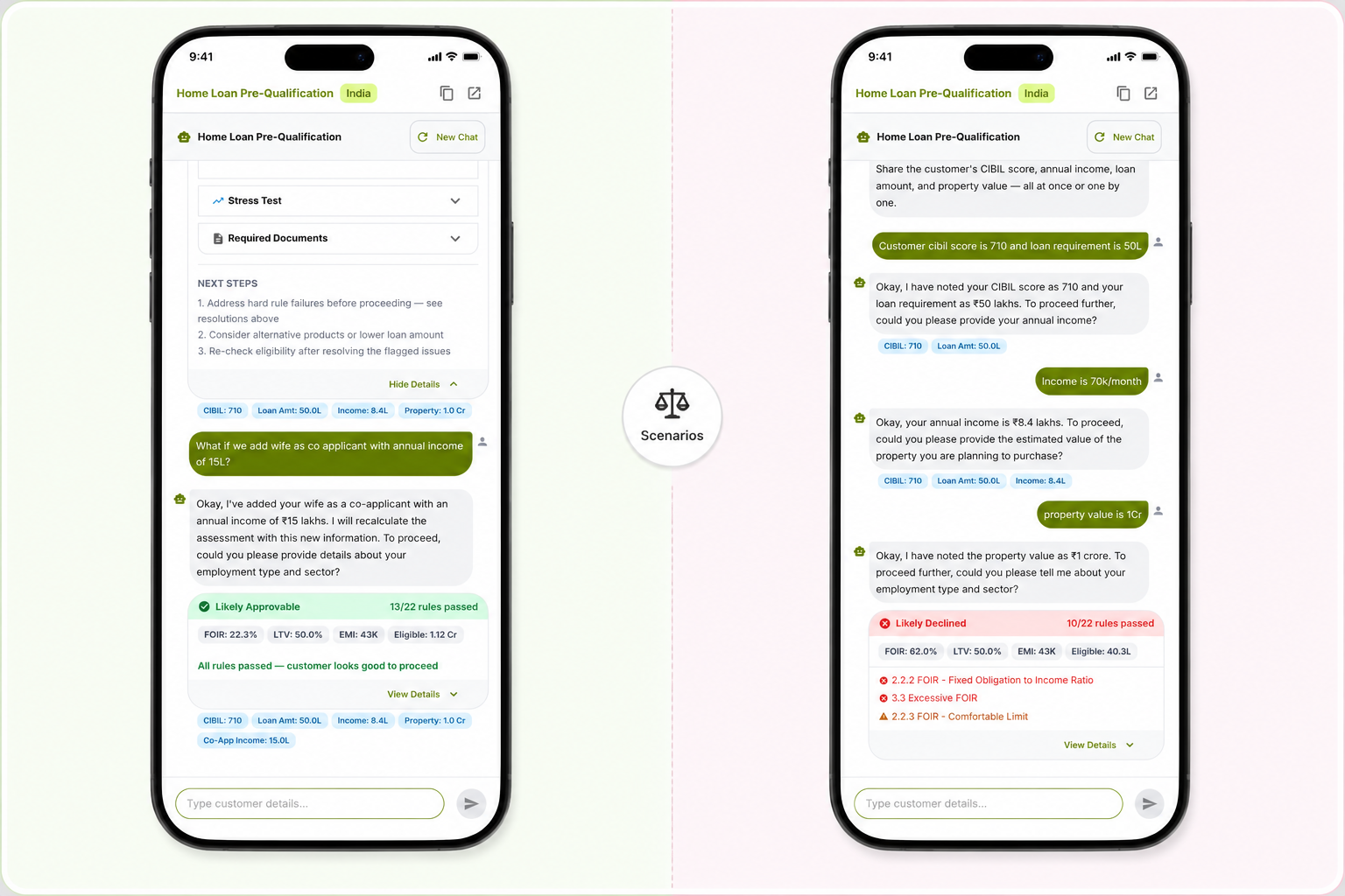 The system guides agents through a conversational pre-qualification process, continuously evaluating eligibility and testing scenarios before a file reaches underwriting.