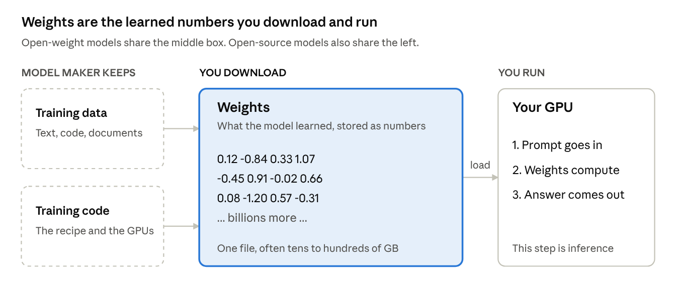 Diagram in three parts. On the left, training data and training code, labelled as kept by the model maker. In the middle, the weights, shown as a grid of numbers labelled “What the model learned, stored as numbers” and marked as what you download. On the right, your GPU loads the weights, takes in a prompt, computes, and returns an answer, labelled as inference.